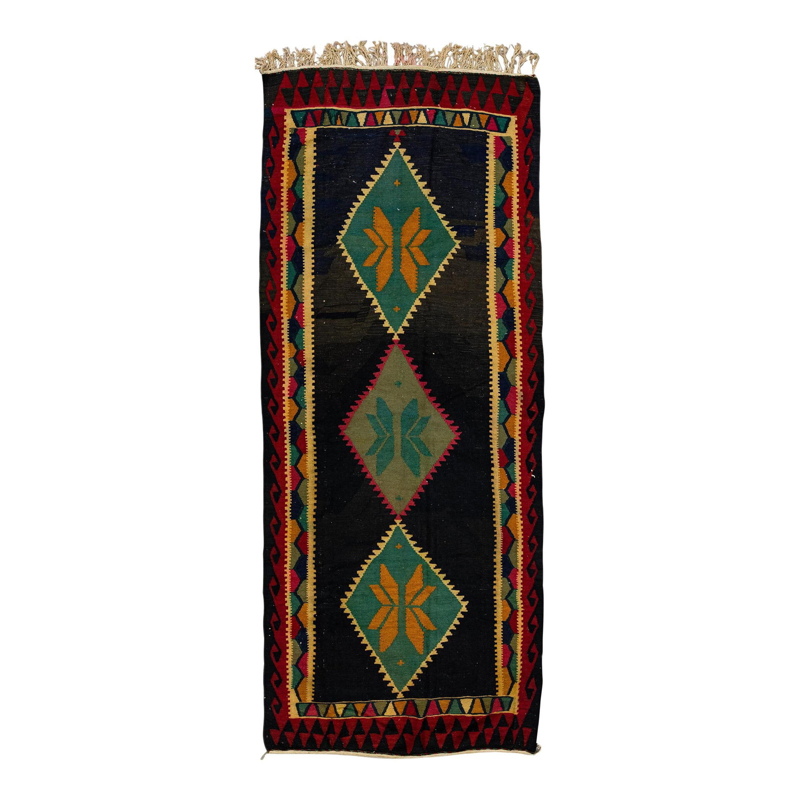 Vintage Kilim Handmade Wool Runner 4'10" x 12' Tribal Design: Vintage Kilim Handmade Wool Runner 4'10" x 12' Tribal Design Discover a stunning vintage kilim handmade wool runner featuring a rich dark brown field. This beautiful flatweave rug showcases a captivat