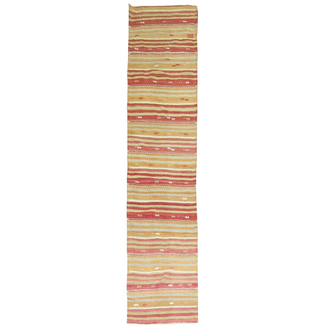 Mid-Century Vintage Turkish Kilim Runner 32 x 145 Wool Hand-Knotted: Mid-Century Vintage Turkish Kilim Runner 32 x 145 Wool Hand-Knotted This exquisite Vintage Turkish Kilim Runner, hailing from the mid-20th century, showcases a unique blend of style and craftsmanship.