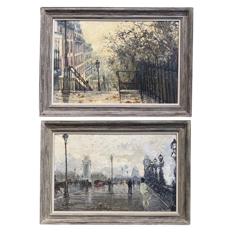 Set of 2 Parisian Oil Paintings on Canvas Signed A Lamague France Mid 20th Century: Set of 2 Parisian Oil Paintings on Canvas Signed A Lamague France Mid 20th Century This pair of mid-century oil on canvas paintings depicts atmospheric Parisian scenes, each signed by French artist A.