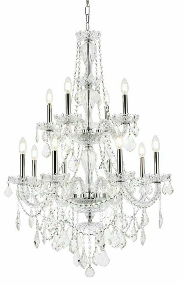 Giselle 12 Light Chrome Crystal Chandelier 28 in: Giselle 12 Light Chrome Crystal Chandelier 28 in Large chrome crystal chandelier in a modern Venetian style, featuring 12 lights and clear Royal Cut crystals. It is hardwired, height-adjustable, and d