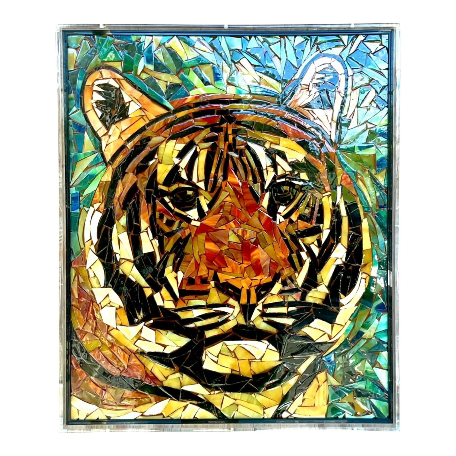 Vintage Boho Glass Mosaic Tiger Wall Sculpture in Lucite Box (1 of 10)