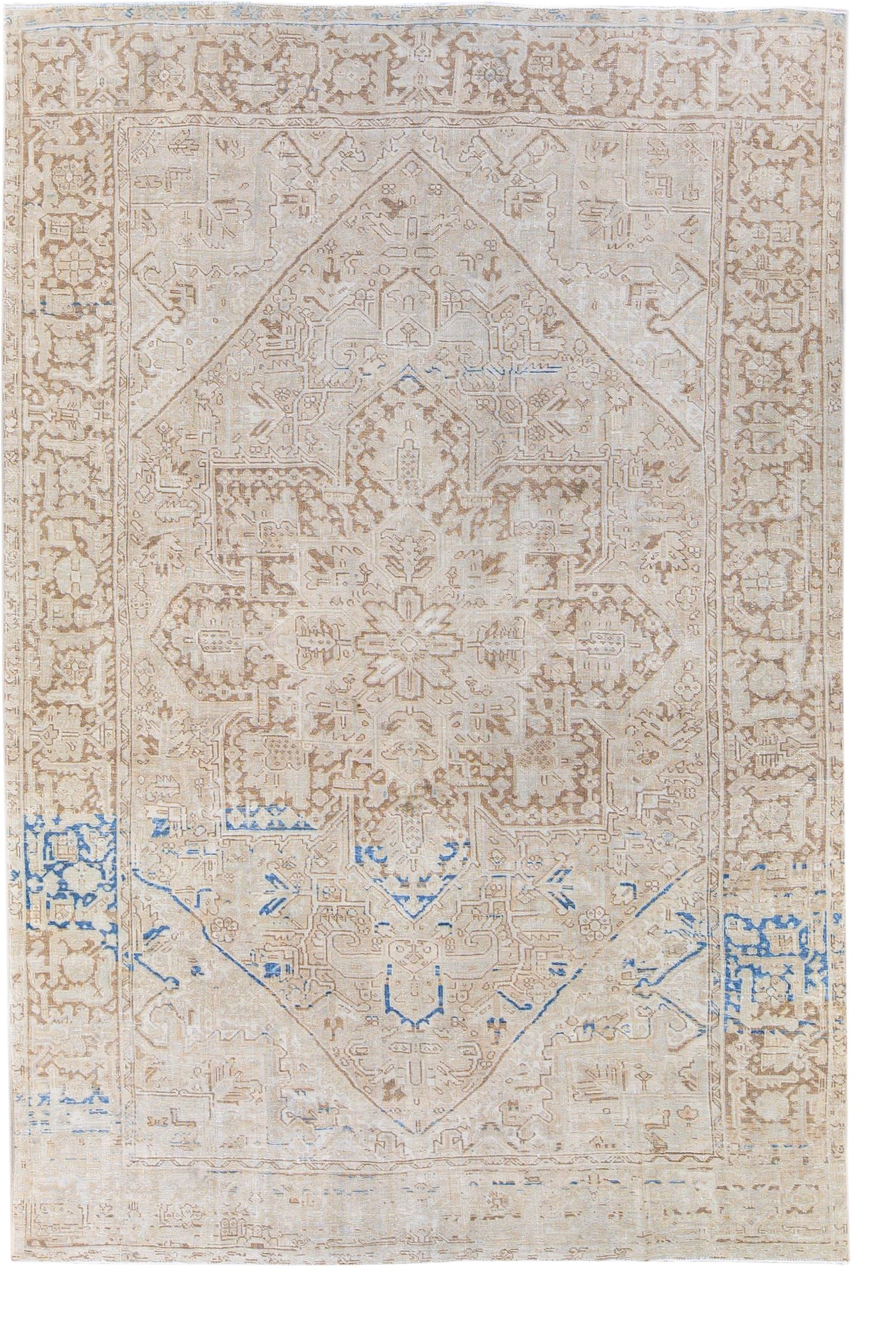 Antique Persian Heriz Beige Wool Rug 8' x 11'10' Medallion Design: Antique Persian Heriz Beige Wool Rug 8' x 11'10' Medallion Design Discover the elegance of this antique Persian Heriz rug, crafted with meticulous attention to detail. This stunning hand-knotted wool 