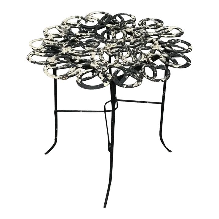 Vintage Boho Hand-Forged Horseshoe Accent Table Metal Ebony: Vintage Boho Hand-Forged Horseshoe Accent Table Metal Ebony Enhance your living space with the Vintage Boho Hand-Forged Horseshoe Table, a unique blend of rustic charm and artistic craftsmanship. This