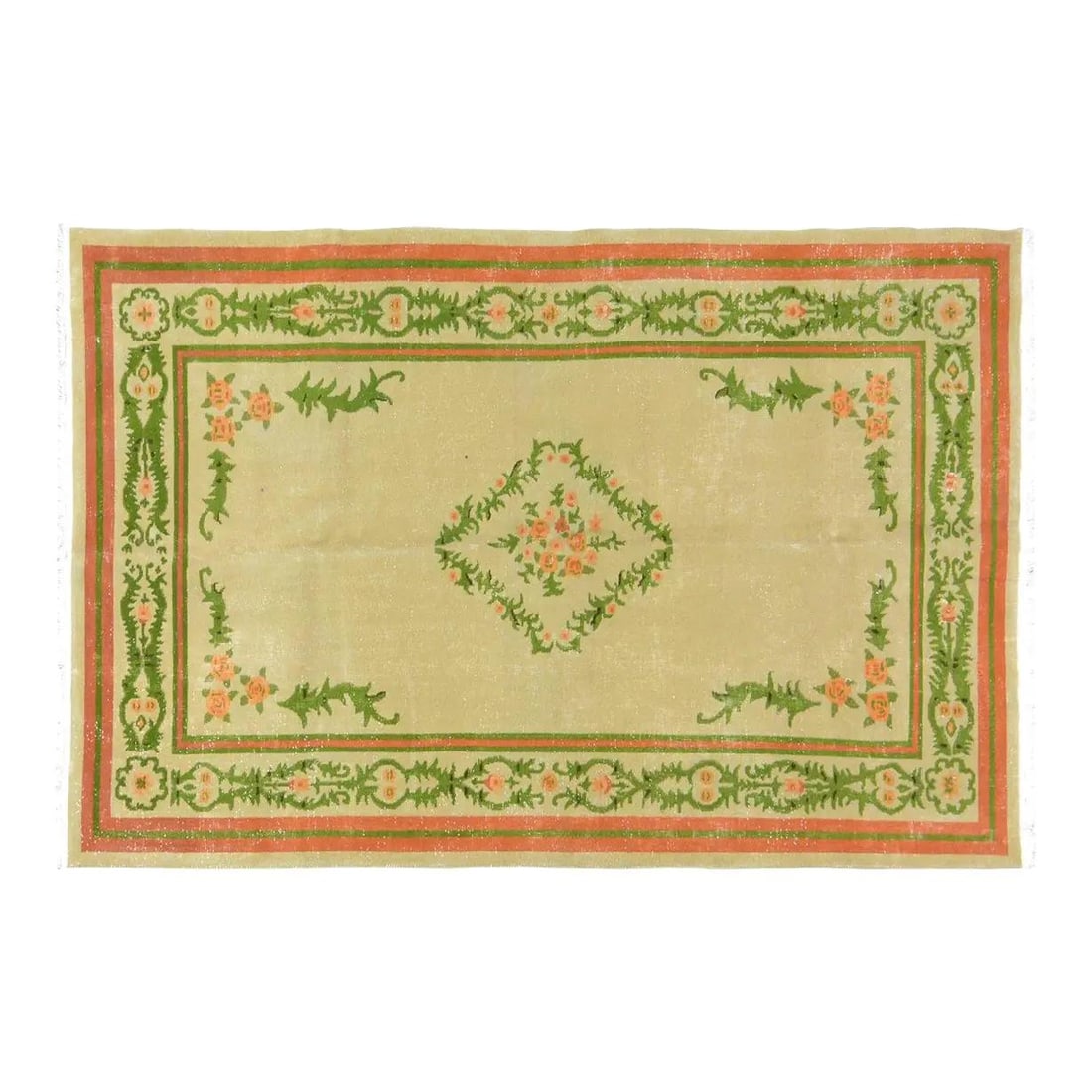 5'x7'9" Olive Wool Hand-Knotted Rug Chinese Art Deco Style: 5'x7'9" Olive Wool Hand-Knotted Rug Chinese Art Deco Style This vintage Chinese Art Deco rug is hand-knotted from wool, showcasing traditional rug-making craftsmanship with a modern design sensibility