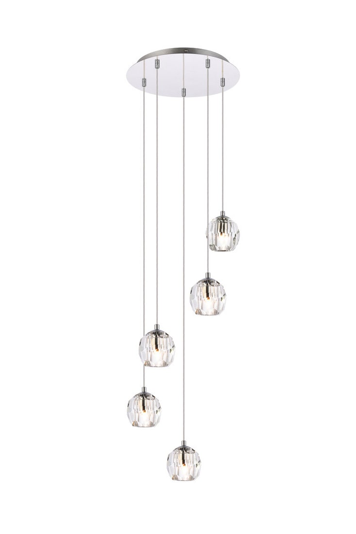 Modern 5 Light Crystal Pendant Chandelier Eren Chrome Fixture: Modern 5 Light Crystal Pendant Chandelier Eren Chrome Fixture Modern 5-light pendant chandelier with a chrome finish and clear crystal shades. It is hardwired, dimmable, height-adjustable, and designe