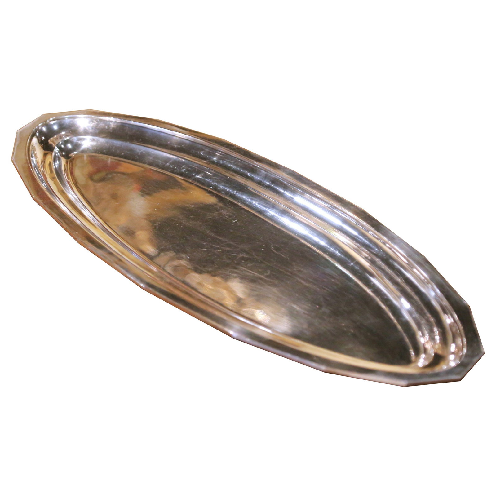 French Mid Century Silvered Bronze Oval Serving Tray: French Mid Century Silvered Bronze Oval Serving Tray This large mid-century serving platter, crafted in France circa 1950, showcases refined French modernist design. Made from silvered bronze, the pie
