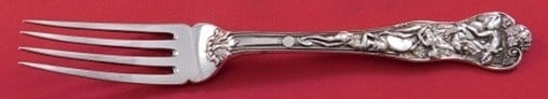 English Sterling Silver Bacchanalian Fish Fork 7 1/8 Beveled Tines: English Sterling Silver Bacchanalian Fish Fork 7 1/8 Beveled Tines An English sterling silver fish fork in the Bacchanalian pattern, featuring beveled detail above the tines. It is not monogrammed and