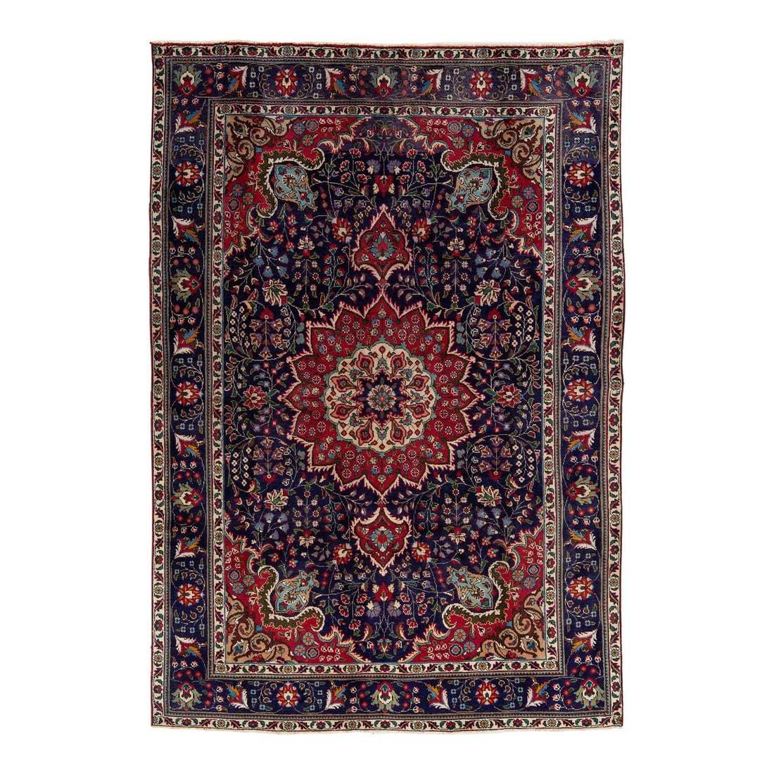 1950s Handmade Persian Tabriz Wool Rug Blue Rosette Design: 1950s Handmade Persian Tabriz Wool Rug Blue Rosette Design This 1950s Rosette Designed Handmade Persian Tabriz Wool Rug showcases exquisite artistry and craftsmanship. Meticulously crafted by skilled 