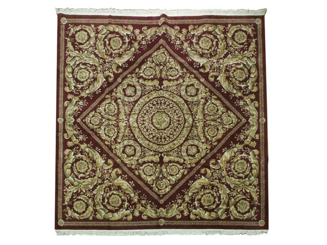 Hand-knotted Savonnerie Red Square Rug 10.2 x 10.2 Feet: Hand-knotted Savonnerie Red Square Rug 10.2 x 10.2 Feet Free continental US Shipping Indulge in the timeless luxury of this exquisite Hand-knotted Savonnerie Square Rug, measuring 10.2 x 10.2 feet. Cr