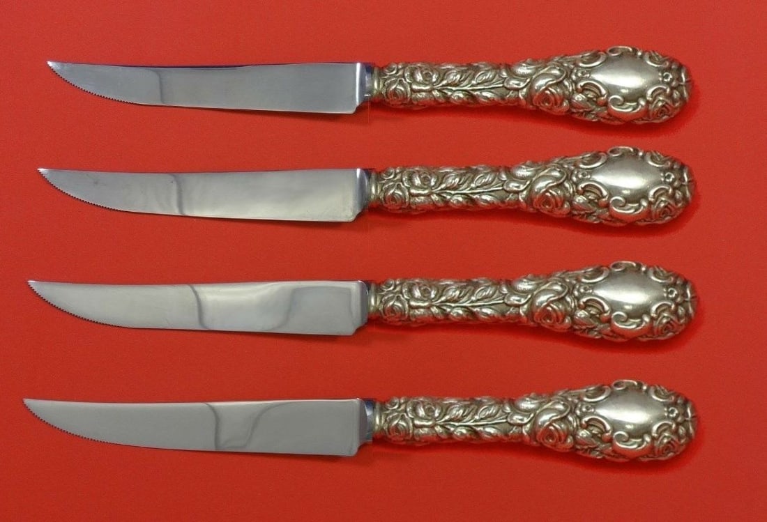 Schofield Baltimore Rose Sterling Silver Steak Knife Set 4pc Custom: Schofield Baltimore Rose Sterling Silver Steak Knife Set 4pc Custom Enhance your dining experience with this exquisite 4-piece steak knife set, featuring the elegant Baltimore Rose pattern by Schofiel