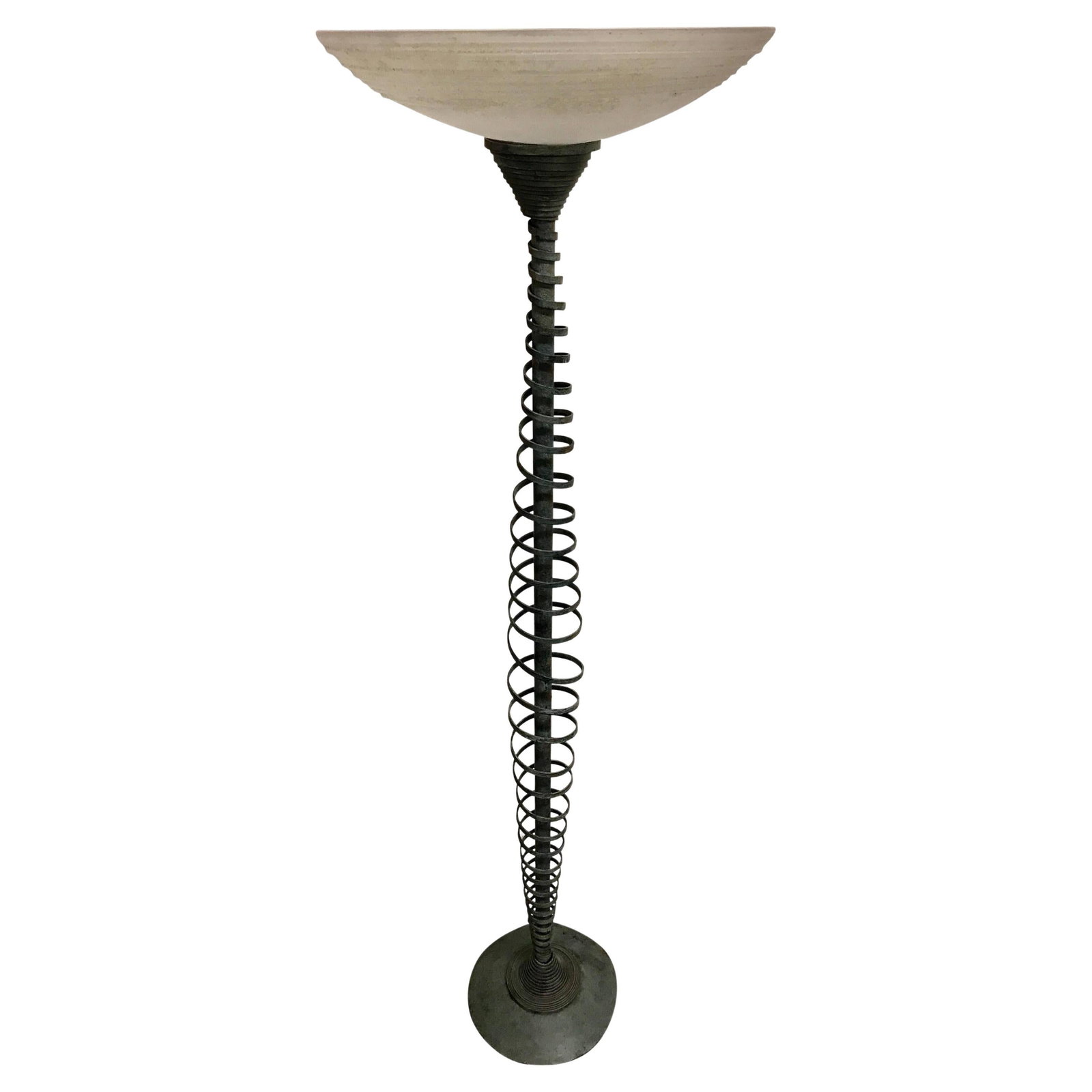 Murano Glass Floor Lamp with Patinated Bronze Spiral Base Italy 1980s: Murano Glass Floor Lamp with Patinated Bronze Spiral Base Italy 1980s This Italian mid-century floor lamp features an opaque Murano glass shade atop a cast verdigris bronze spiral column, creating a k