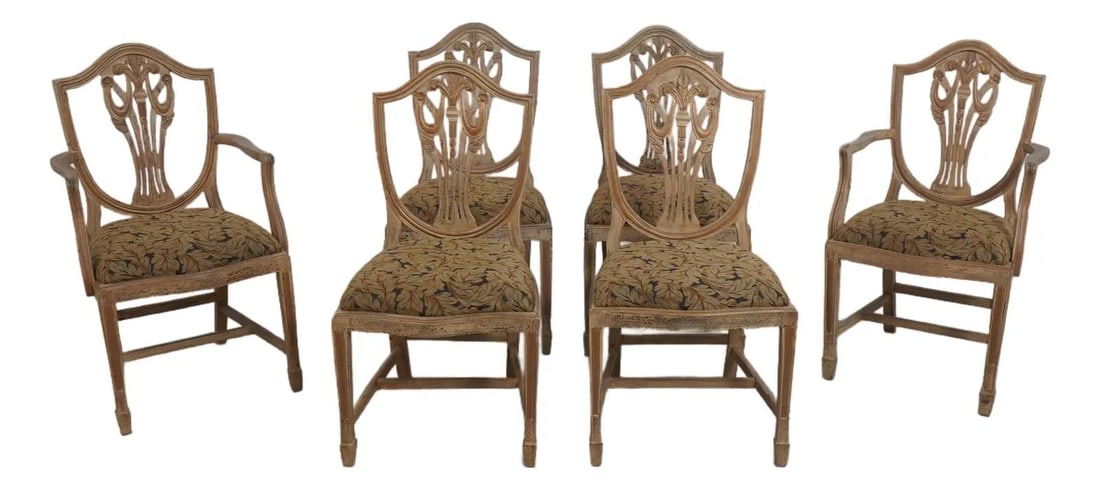 Six Painted Wood Shield Back Dining Chairs With Distressed Finish Set of 6: Six Painted Wood Shield Back Dining Chairs With Distressed Finish Set of 6 This set of six dining room chairs features a Federal shield back design, each with fine carved details and a custom painted 
