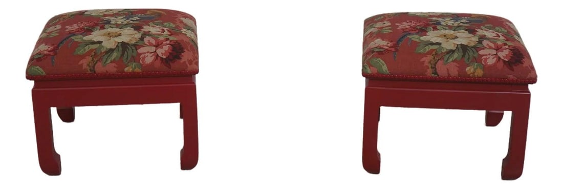 Set of Two Chinoiserie Upholstered Stools with Red Floral Bird Pattern (1 of 10)