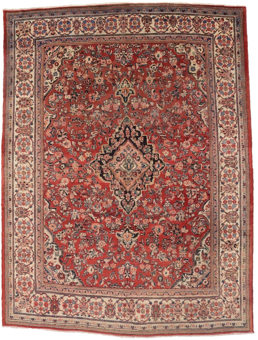 Hand-Knotted Wool Area Rug Vintage Floral Medallion 9'8 x 12'10: Hand-Knotted Wool Area Rug Vintage Floral Medallion 9'8 x 12'10 This semi-antique traditional Oriental rug features a classic floral medallion design in muted tones of red, cream, light gray, light sa
