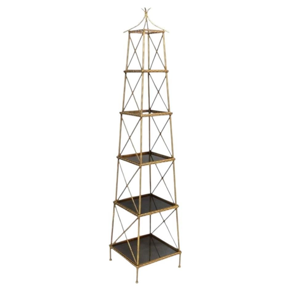 Set of 5 Brass Pagoda Side Stands with Dark Glass Tops: Set of 5 Brass Pagoda Side Stands with Dark Glass Tops This set includes five individual nesting side stands or etageres in a distinctive pagoda form, crafted from brass and finished with dark glass t