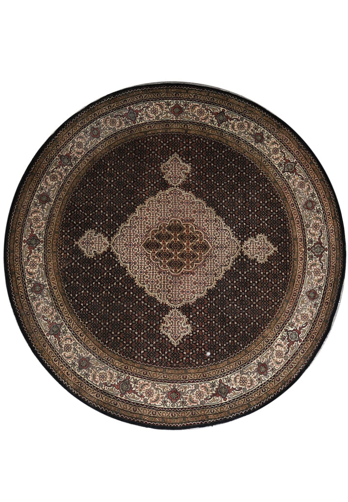 6.8 x 6.8 Round Hand-Knotted Wool Silk Tabriz Mahi Rug Black India: 6.8 x 6.8 Round Hand-Knotted Wool Silk Tabriz Mahi Rug Black India Free continental US Shipping This 6.8 x 6.8 round area rug features a finely hand-knotted construction using a blend of quality wool 