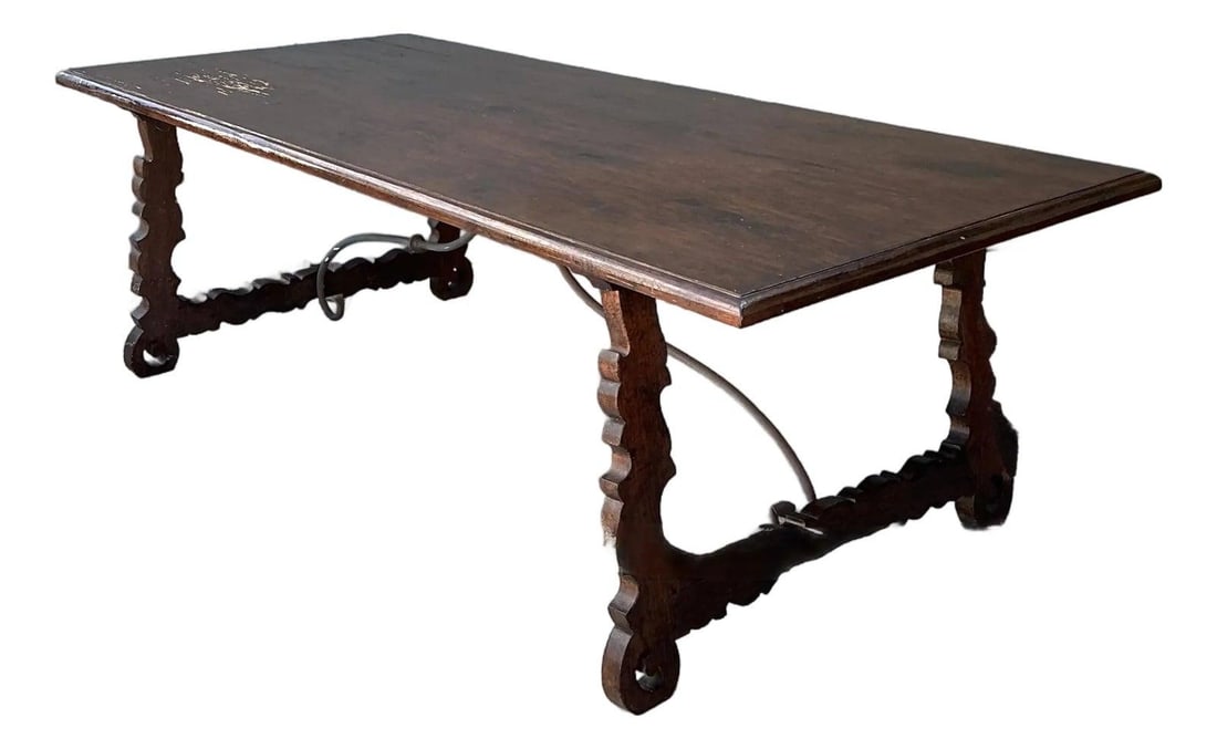 Spanish Colonial Oak Iron Refectory Table with Lyre Stretchers (1 of 10)