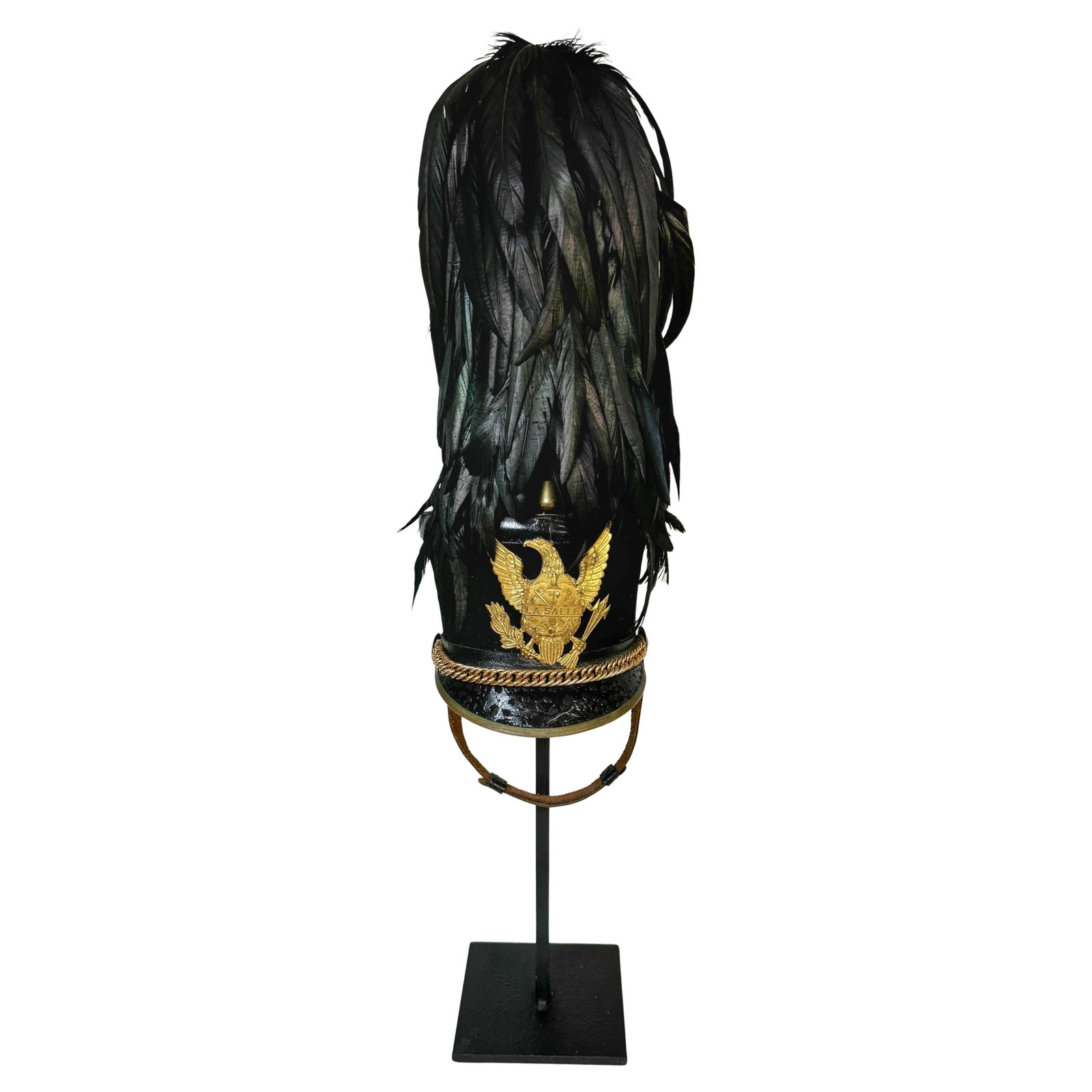 La Salle Cadet Tar Bucket Dress Hat Shako with Stand Set: La Salle Cadet Tar Bucket Dress Hat Shako with Stand Set This nearly pristine 'Tar Bucket' Dress Hat/Shako from the La Salle Military Academy is a remarkable piece of military history and ceremonial a