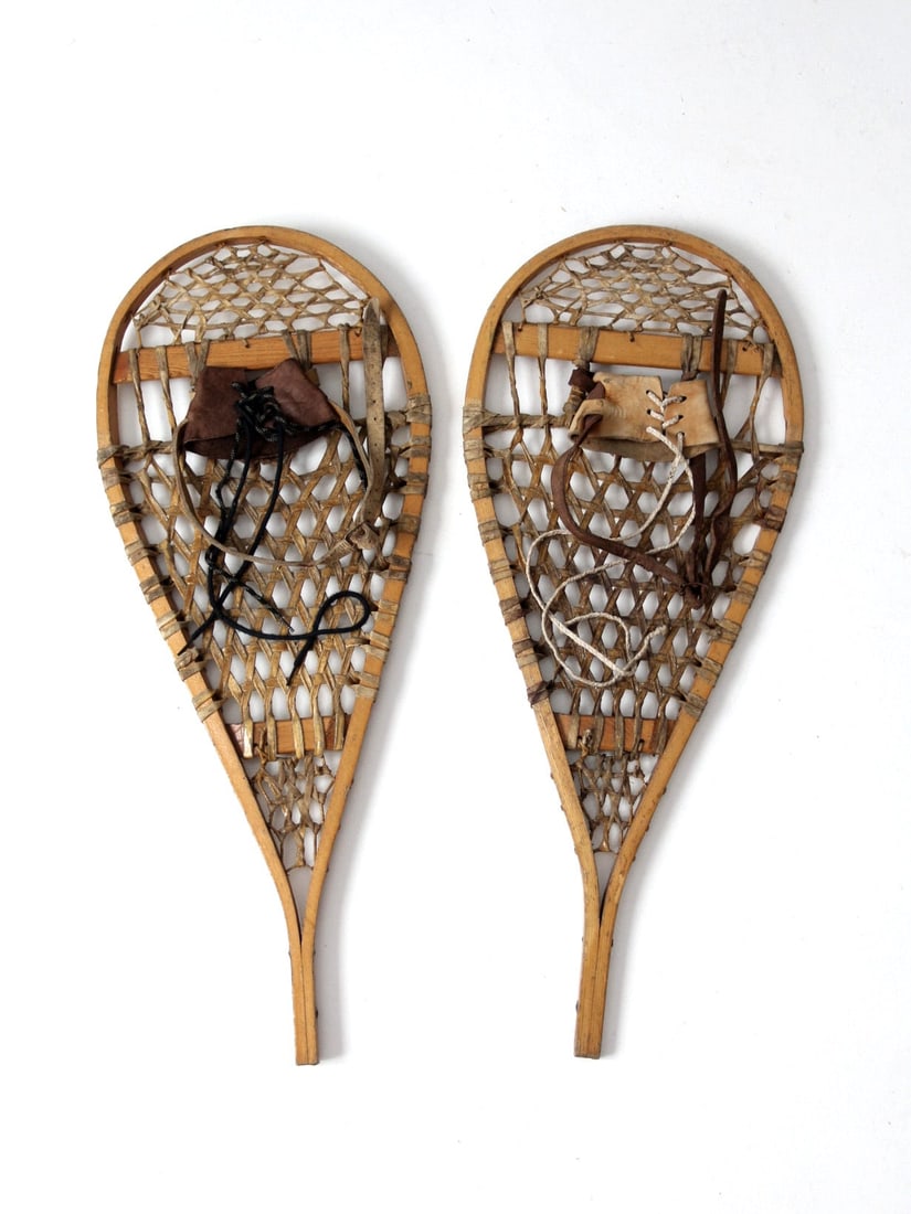 Vintage American Trail Style Wooden Snowshoes with Leather Bindings (1 of 10)