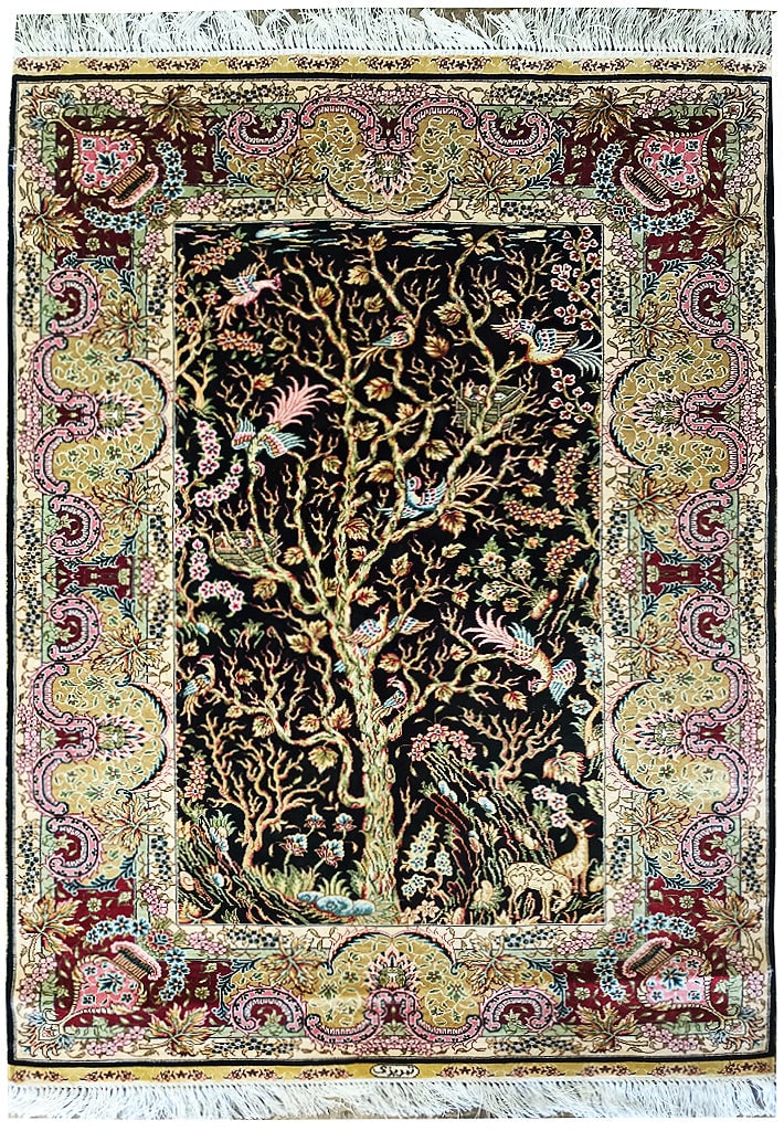 3.4 x 5 Black Silk Hand-Knotted Area Rug Tree of Life Design: 3.4 x 5 Black Silk Hand-Knotted Area Rug Tree of Life Design Free continental US Shipping Enhance your living space with this stunning 3' x 5' Black Silk Rug, featuring the iconic Tree of Life design.