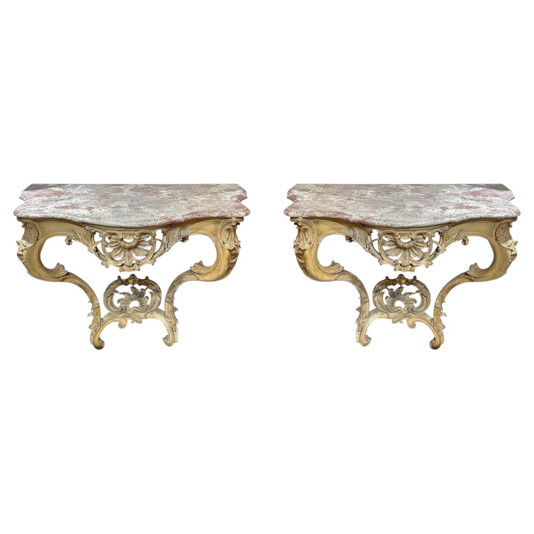 Set of Two Antique French Rococo Louis XV Marble Console Tables (1 of 13)