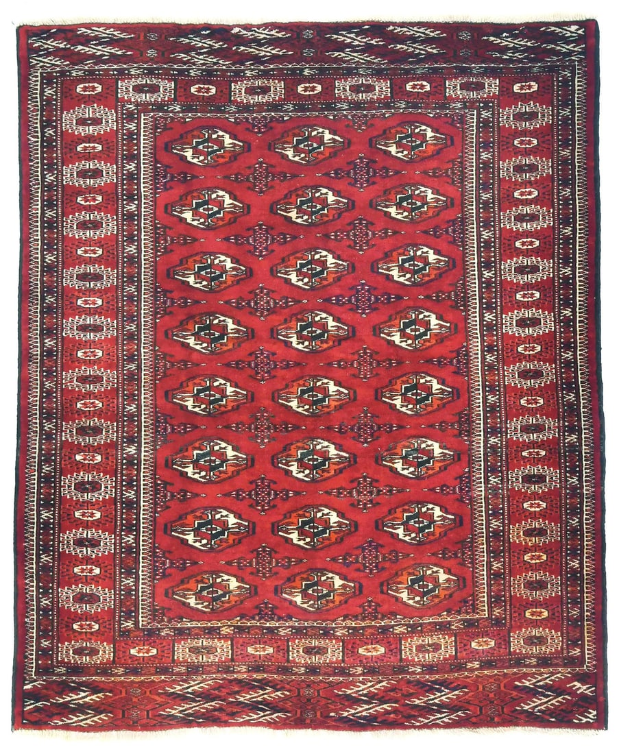 4'7 X 5'8 Vintage Hand Knotted Wool Oriental Rug Red Tribal Geometric: 4'7 X 5'8 Vintage Hand Knotted Wool Oriental Rug Red Tribal Geometric Vintage handmade Oriental area rug in a tribal style with a geometric pattern and red, cream, charcoal, and coral tones. It is han