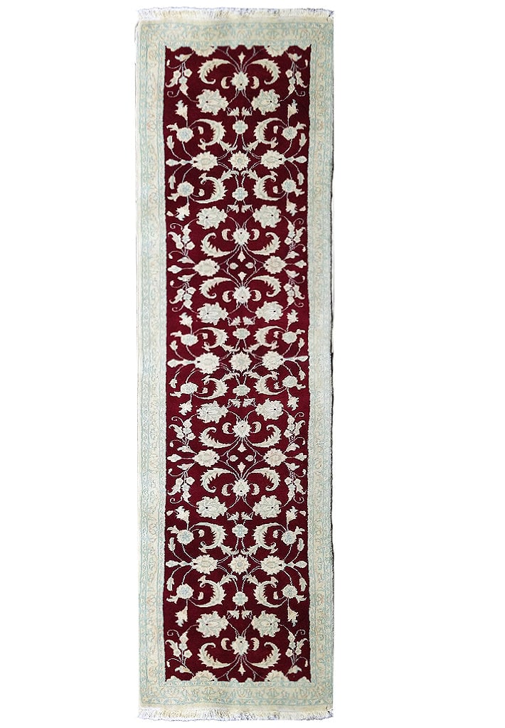 2.4 x 10.4 Persian Nain Wool Silk Runner Burgundy Handcrafted Area Rug: 2.4 x 10.4 Persian Nain Wool Silk Runner Burgundy Handcrafted Area Rug Free continental US Shipping Experience the luxurious charm of our Persian Nain Wool and Silk Runner in Burgundy, measuring 2.4' 