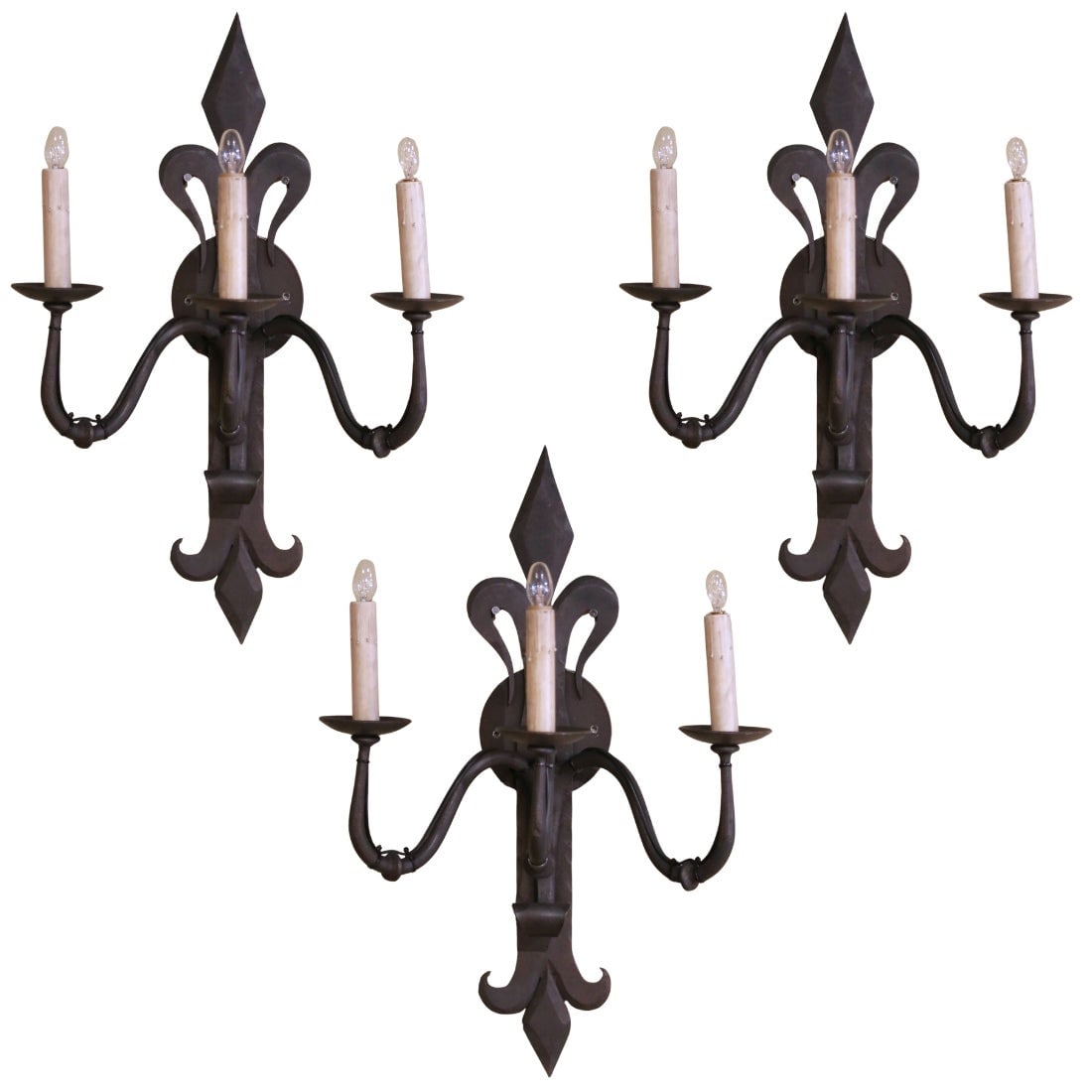 Pair of French Gothic Revival Iron Wall Sconces Set of 3 (1 of 10)