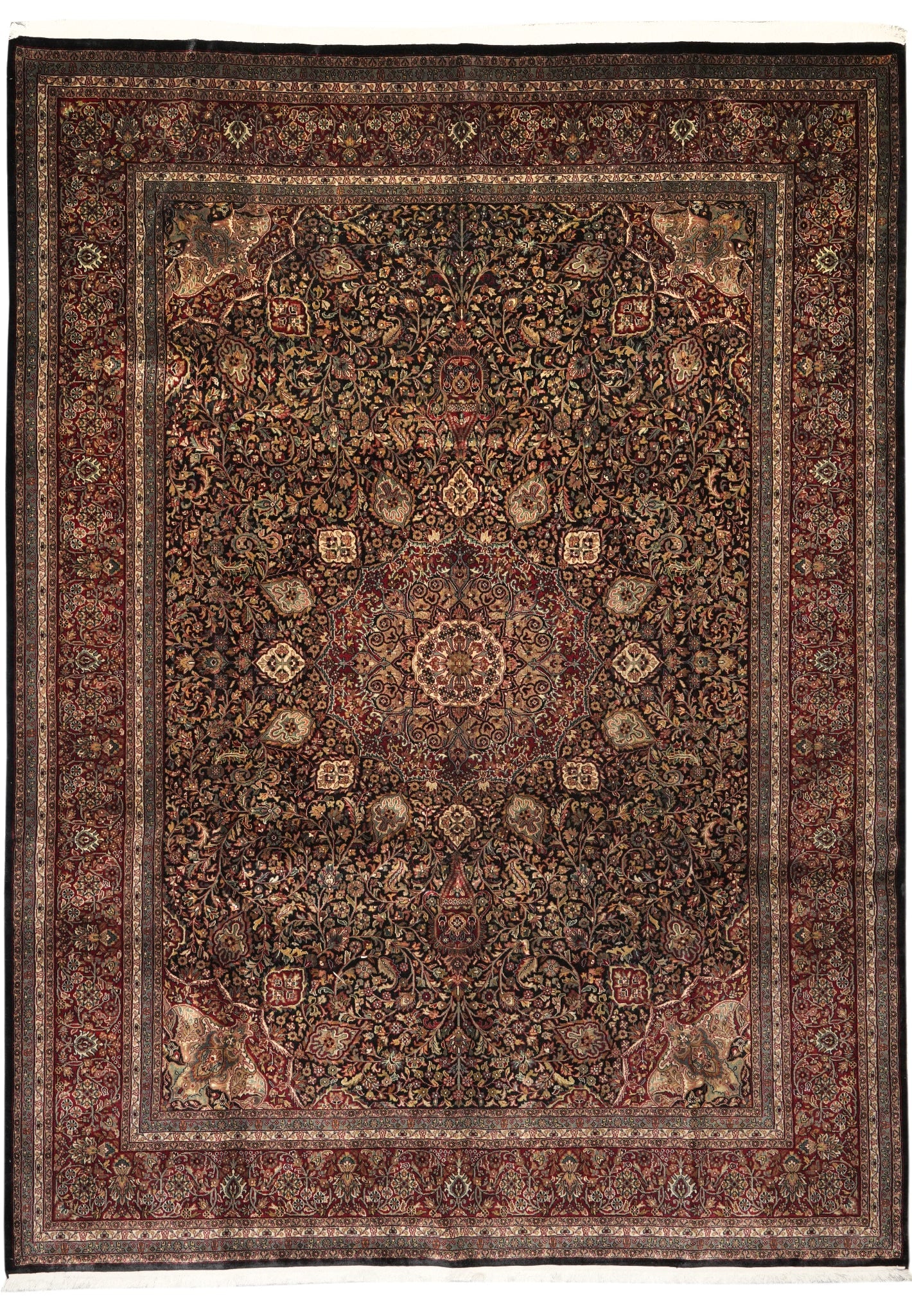 9 x 11.9 Black Sheikh Safi Handmade Wool Rug 200 KPSI: 9 x 11.9 Black Sheikh Safi Handmade Wool Rug 200 KPSI Free continental US Shipping This 9 x 11.9 foot handmade rug features the distinguished Sheikh Safi design, characterized by intricate medallions,