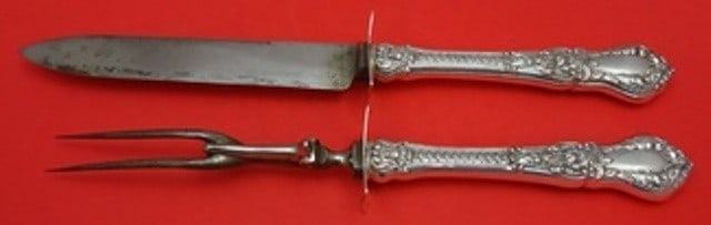 Gorham Henry II Sterling Silver Roast Carving Set 2pc Knife & Fork: Gorham Henry II Sterling Silver Roast Carving Set 2pc Knife & Fork This elegant 2-piece roast carving set features a knife and a fork, beautifully crafted in the Henry II pattern by Gorham. The knife 