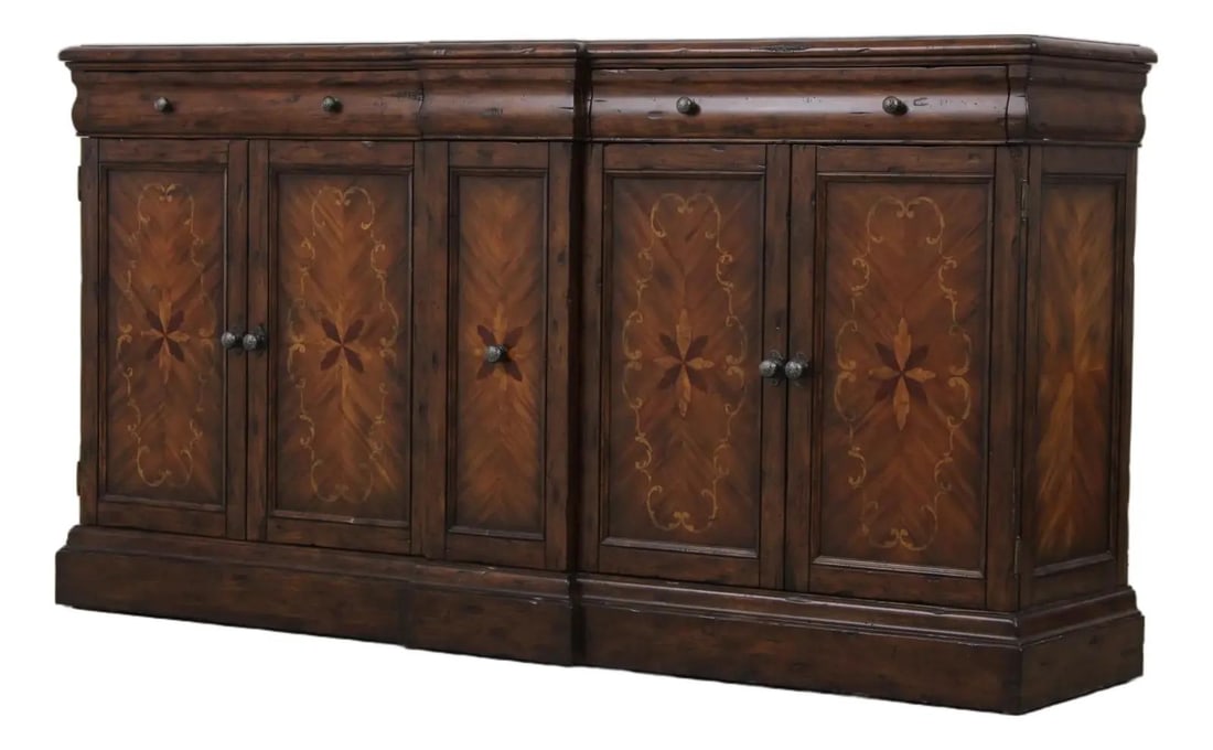 Distressed Continental Inlaid Wood Sideboard Console 80w x 20.5d x 42.5h: Distressed Continental Inlaid Wood Sideboard Console 80w x 20.5d x 42.5h This sideboard console features a Continental style with inlaid doors and a factory-distressed finish, giving it a classic and 