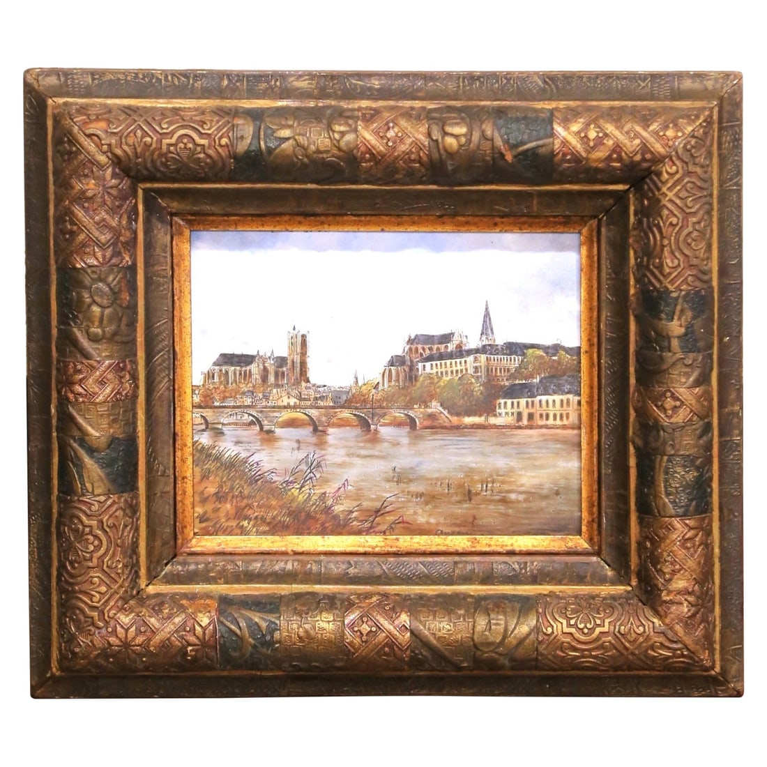 Auxerre hand painted porcelain plaque in carved giltwood frame (1 of 11)