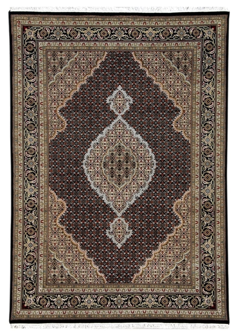 5.6 x 8 Persian Tabriz Mahi Herati Handmade Wool Silk Rug: 5.6 x 8 Persian Tabriz Mahi Herati Handmade Wool Silk Rug Free continental US Shipping This handmade Persian Tabriz rug features a classic Mahi (Herati) pattern with a dense, repeating lattice design 