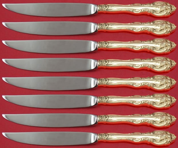 Gorham La Scala Sterling Silver Steak Knife Set 8pc Non-Serrated 8": Gorham La Scala Sterling Silver Steak Knife Set 8pc Non-Serrated 8" Elevate your dining experience with this exquisite La Scala Sterling Silver Steak Knife Set by Gorham. This 8-piece set features ele