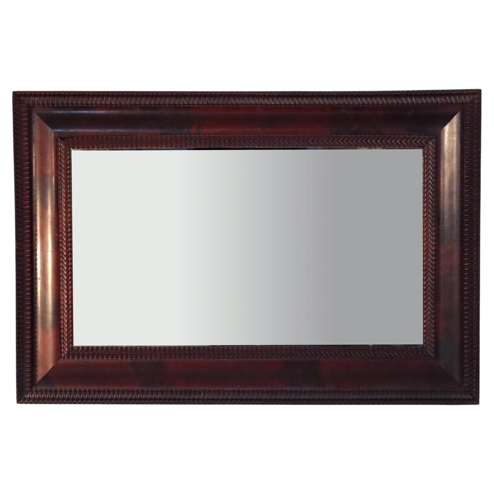 Empire Style Flame Mahogany Wall Mirror With Ripple Frame Circa 1840: Empire Style Flame Mahogany Wall Mirror With Ripple Frame Circa 1840 This large antique mirror, crafted circa 1840, exemplifies the Empire style with its substantial flame mahogany frame. Featuring a 