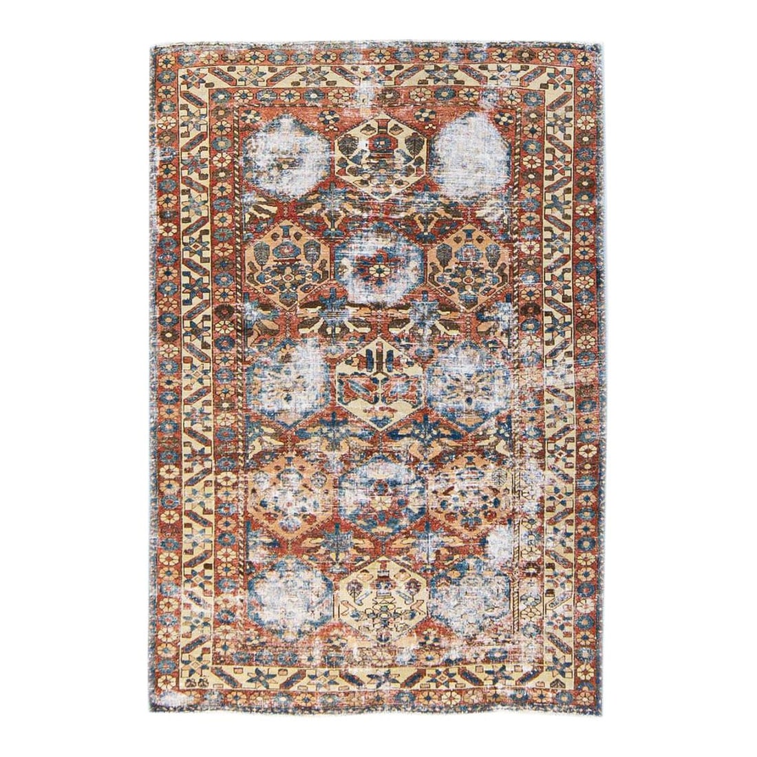 Handmade Vintage Geometric Wool Rug in Rust with Blue Beige Accents: Handmade Vintage Geometric Wool Rug in Rust with Blue Beige Accents Enhance your space with this beautiful vintage geometric distressed hand-knotted wool rug featuring a striking rust field. Accented 
