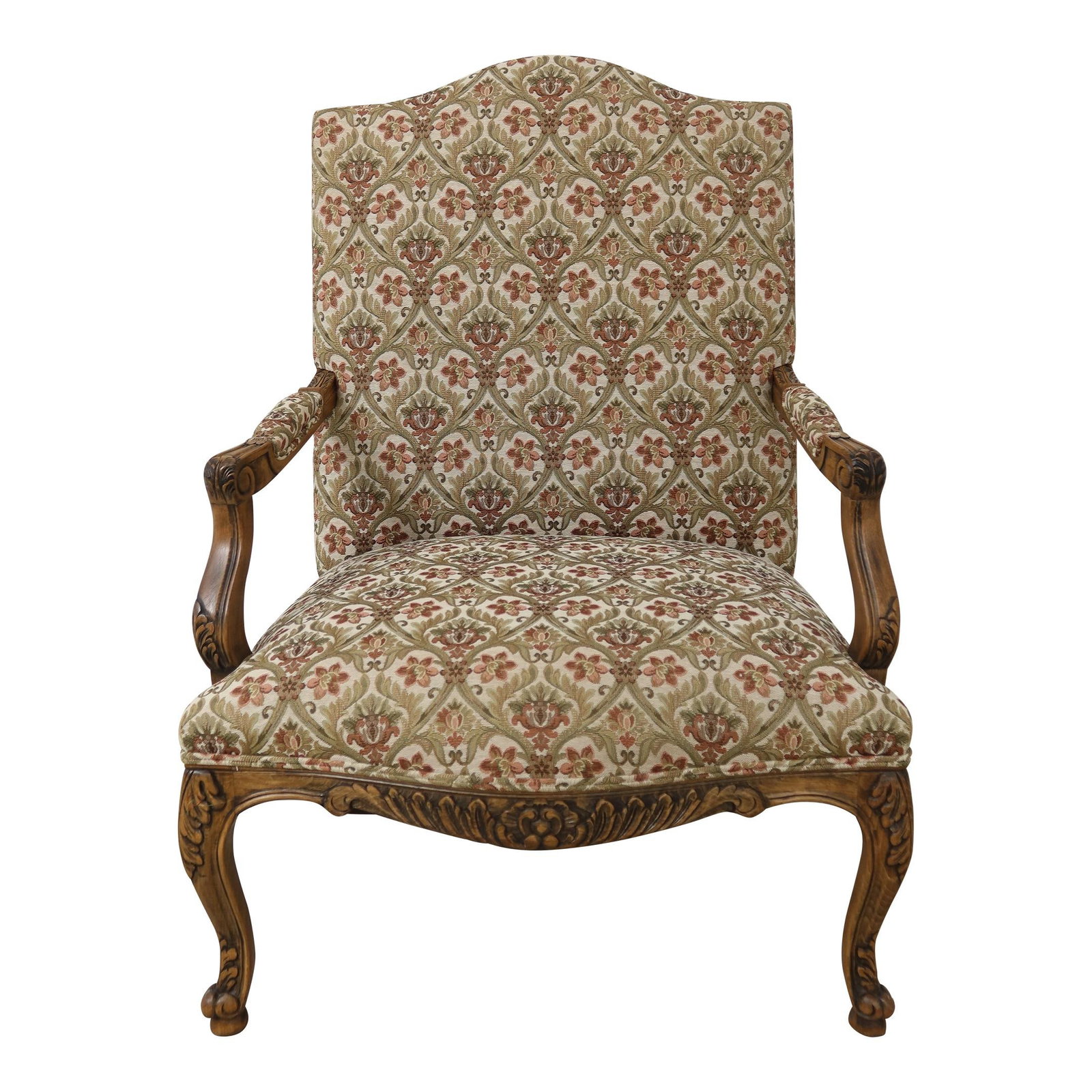 Exquisite French Louis XV Style Open Armchair with Floral Upholstery: Exquisite French Louis XV Style Open Armchair with Floral Upholstery This exquisite French Louis XV Style Carved Open Armchair showcases impressive craftsmanship with its detailed carvings and quality