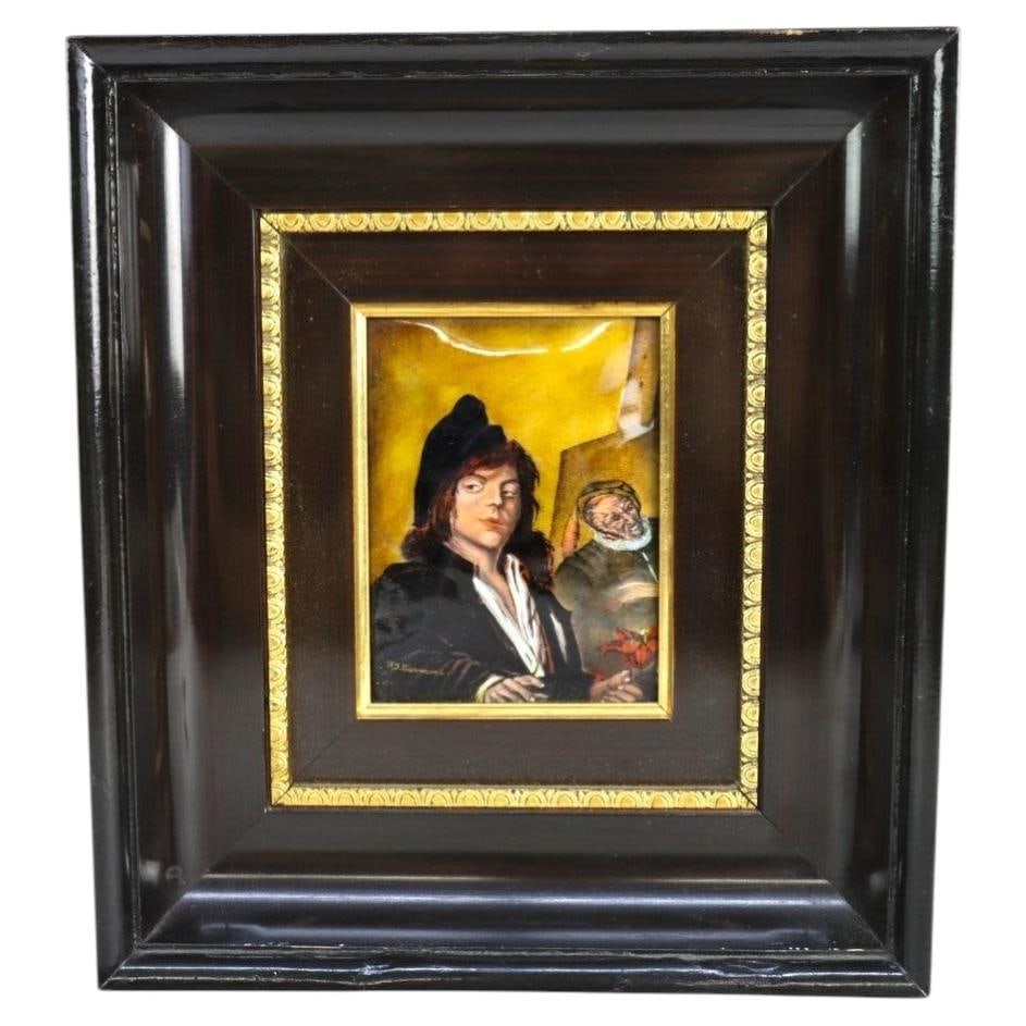 Framed Limoges Enamel on Copper After Frans Hals Itinerant Painter: Framed Limoges Enamel on Copper After Frans Hals Itinerant Painter Vintage French Limoges enamel on copper recreation of Frans Hals' painting "The Itinerant Painter." Signed by F. J. Carmona and dated