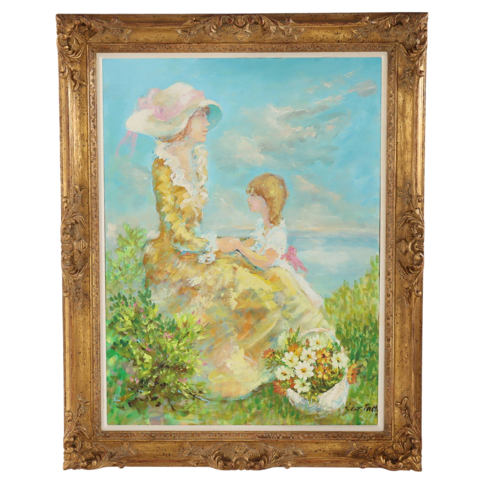 Lucas Prats mother and daughter oil painting framed 49 x 38.75 in: Lucas Prats mother and daughter oil painting framed 49 x 38.75 in This oversized oil on canvas painting by Lucas Prats features a tranquil portrait of a mother and daughter in a lush outdoor setting. 
