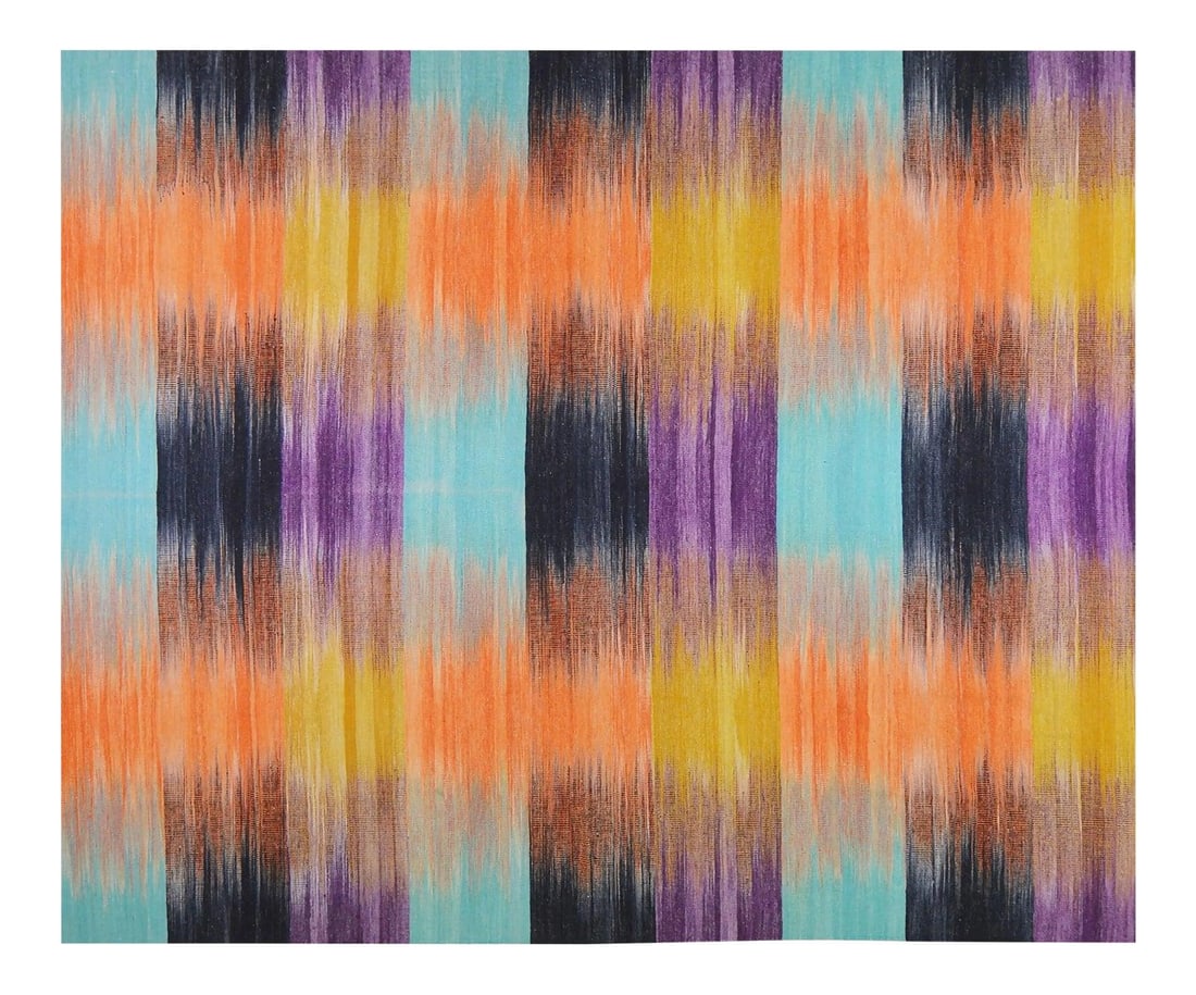 Handwoven Mazandaran Wool Kilim Rug with Geometric Patterns 8'2 x 9'9: Handwoven Mazandaran Wool Kilim Rug with Geometric Patterns 8'2 x 9'9 This vintage Mazandaran tribal kilim is hand woven using organic wool and natural colors. It features a striking geometric pattern