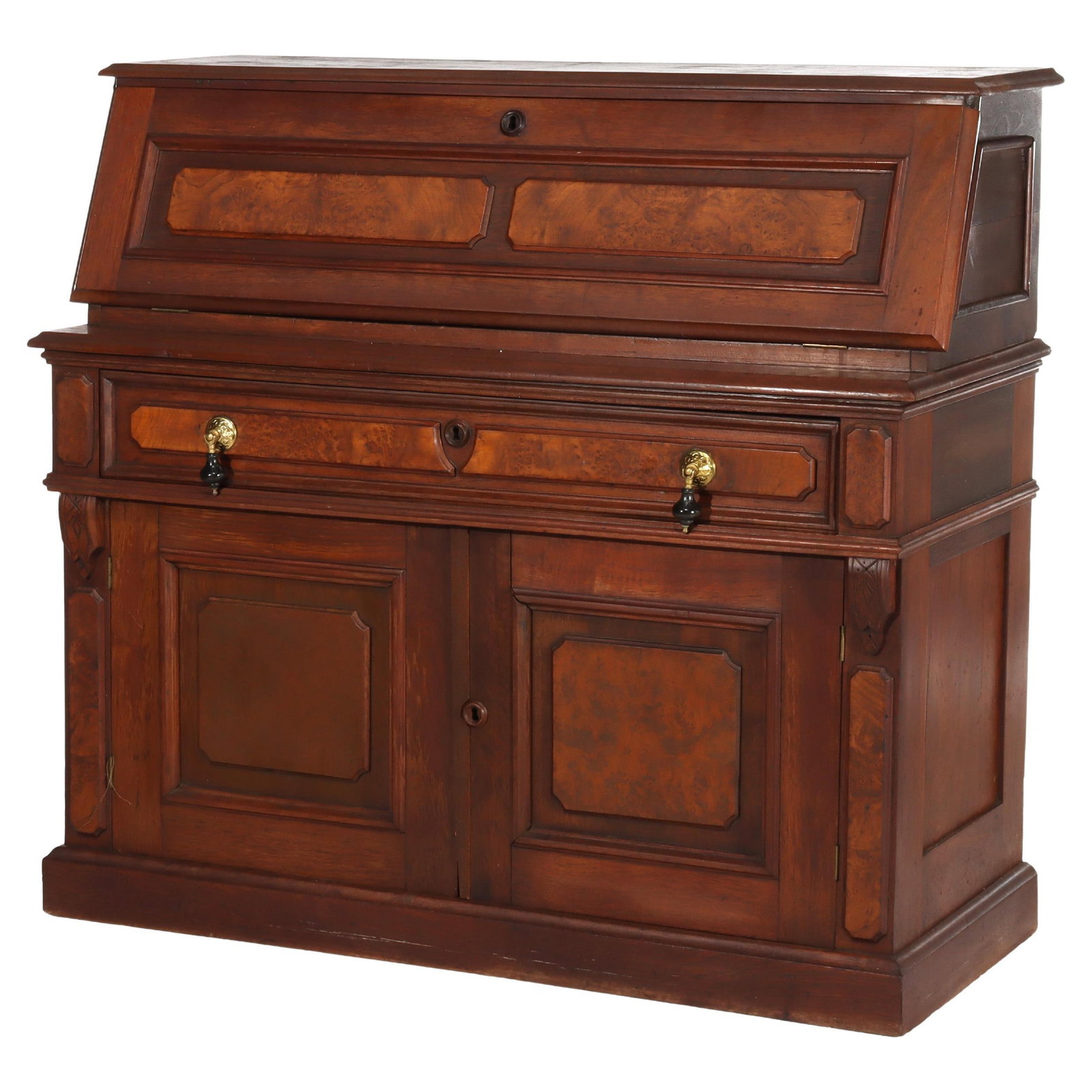 Antique Walnut Burl Drop Front Desk with Teardrop Pulls c1880: Antique Walnut Burl Drop Front Desk with Teardrop Pulls c1880 This exquisite antique drop front desk, dating back to circa 1880, features a beautiful combination of walnut and burl wood. Its innovativ