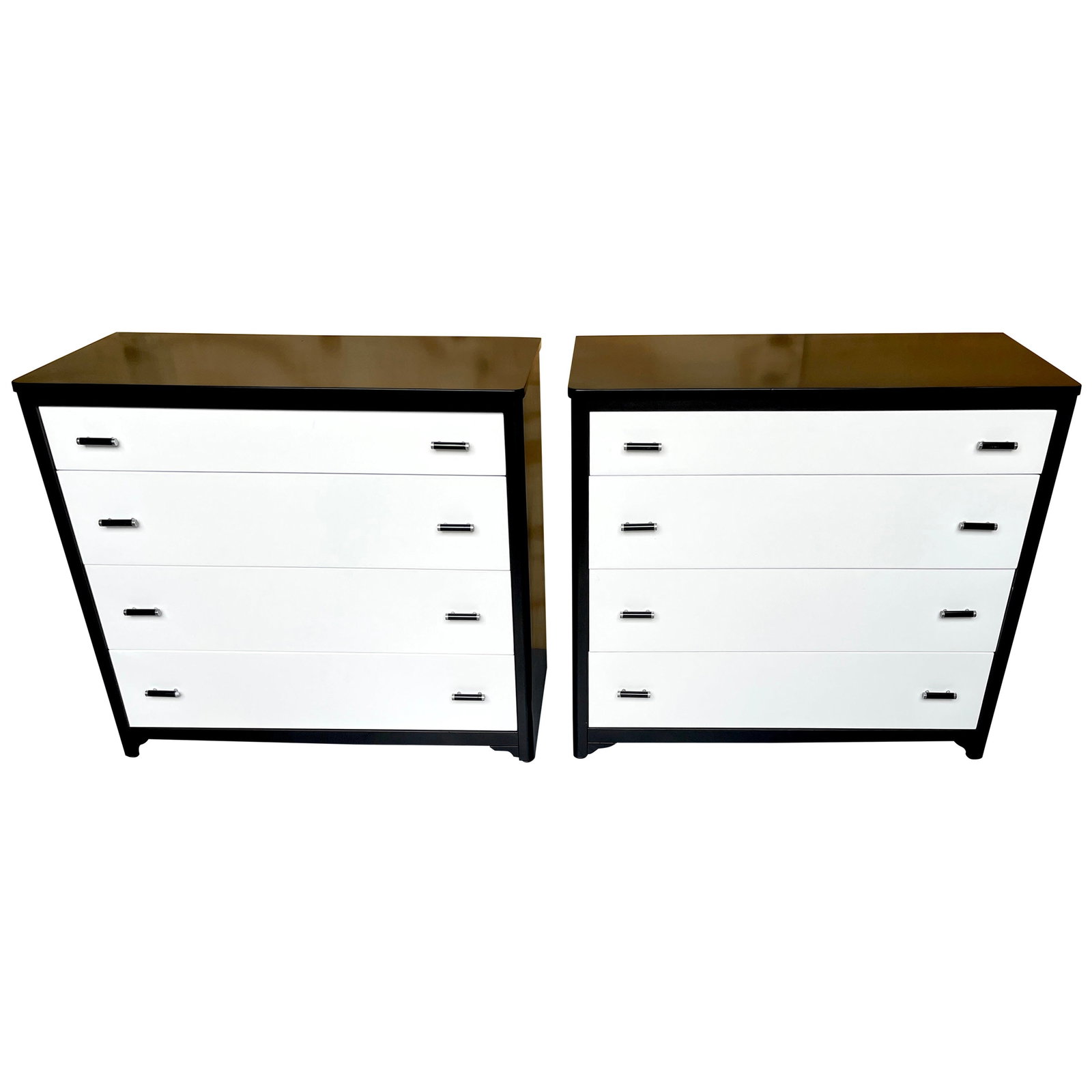 Restored Pair of Moderne Black White Lacquered Steel Chests by Norman Bel Geddes: Restored Pair of Moderne Black White Lacquered Steel Chests by Norman Bel Geddes This stunning pair of Moderne black and white lacquered steel chests, designed by renowned American designer Norman Bel
