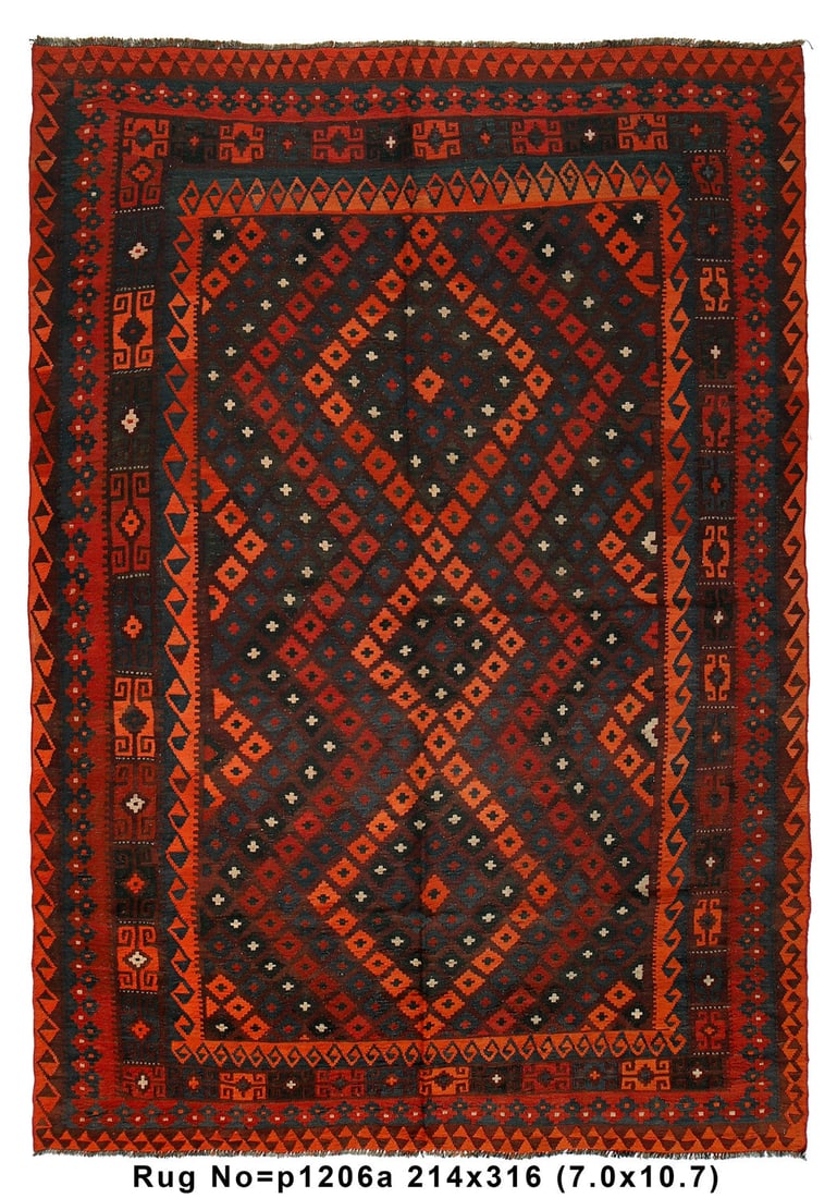 7 x 10.4 Afghan Kilim Handmade Wool Geometric Rug: 7 x 10.4 Afghan Kilim Handmade Wool Geometric Rug Free continental US Shipping This exquisite 7 x 10.4 Old Kilim rug showcases a stunning geometric design and is handcrafted from high-quality wool. Wi