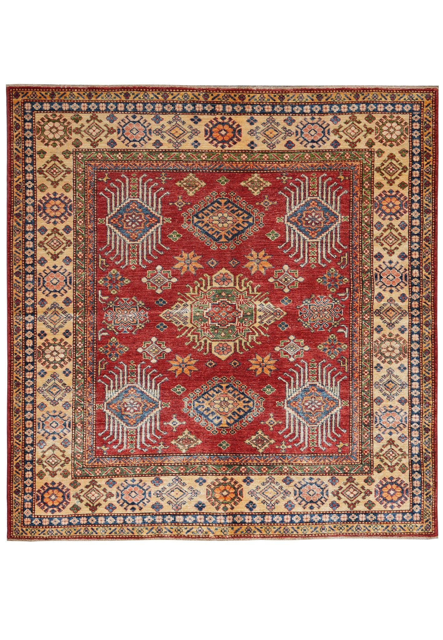 5.8 x 5.9 Square Handmade Wool Kazak Rug Geometric Pattern: 5.8 x 5.9 Square Handmade Wool Kazak Rug Geometric Pattern Free continental US Shipping This handmade wool Kazak rug features a bold geometric design with vibrant red, blue, gold, and cream tones. It 