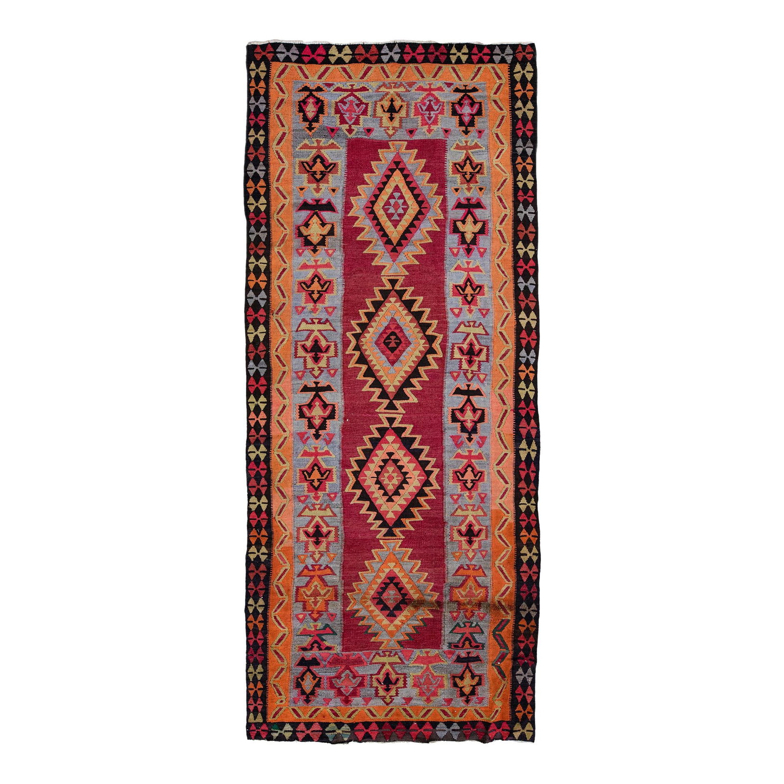 Vintage Handmade Kilim Wool Runner Red Tribal Design 5'2 x 12'1: Vintage Handmade Kilim Wool Runner Red Tribal Design 5'2 x 12'1 This beautiful vintage kilim handmade wool runner showcases a striking red field adorned with an intricate all-over tribal design. The f