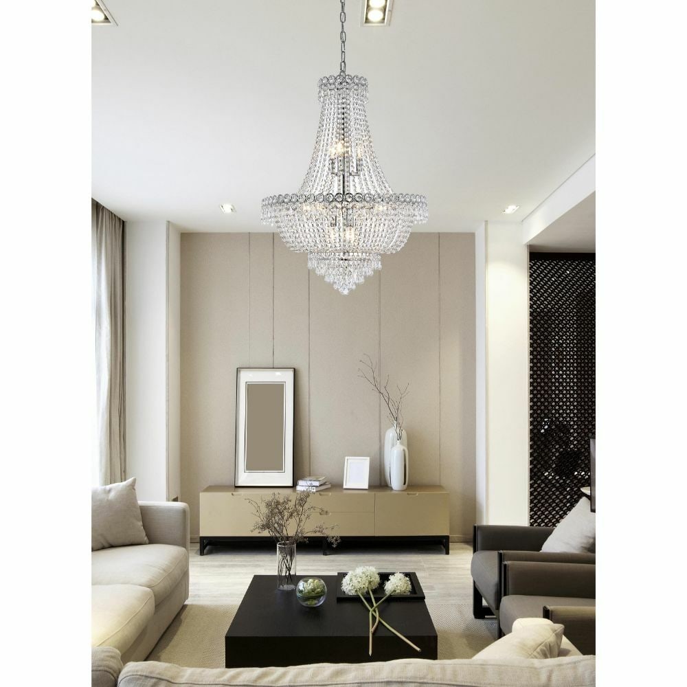12-Light Chrome Crystal Empire Chandelier Century 24 inch: 12-Light Chrome Crystal Empire Chandelier Century 24 inch This modern Empire-style chandelier features a polished chrome frame adorned with Royal Cut crystals, offering a sophisticated centerpiece for