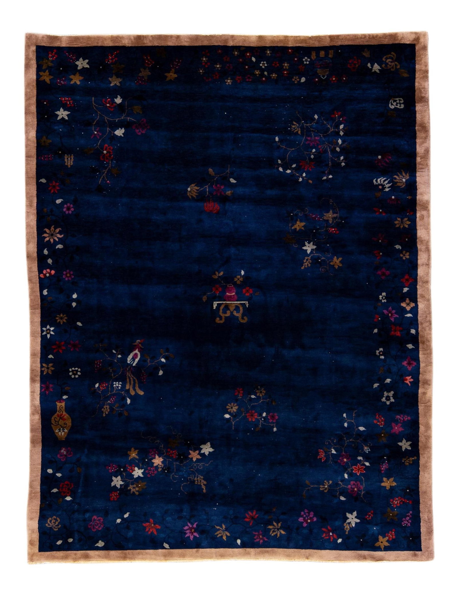 Antique Art Deco Chinese Handmade Floral Wool Rug 9' x 11'6": Antique Art Deco Chinese Handmade Floral Wool Rug 9' x 11'6" This stunning antique Art Deco Chinese rug features a hand-knotted wool construction, showcasing a rich blue field complemented by a brown 