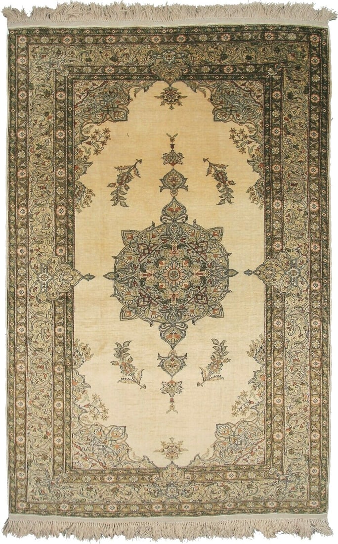 Hand Knotted Silk Hereke Kaysari Area Rug 3x5 Vintage 1960: Hand Knotted Silk Hereke Kaysari Area Rug 3x5 Vintage 1960 This vintage Hereke Kaysari area rug is hand-knotted in Turkey using 100% natural silk for both the pile and foundation, reflecting masterful