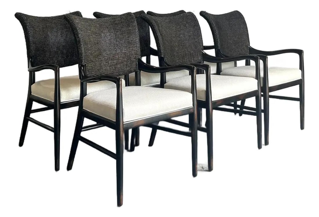 Palecek Catalina Cane Arm Chairs Set of 6 Vintage Boho Style: Palecek Catalina Cane Arm Chairs Set of 6 Vintage Boho Style Elevate your dining space with this stunning set of six "Catalina Cane" armchairs by renowned designer Palecek. Each chair showcases a grac