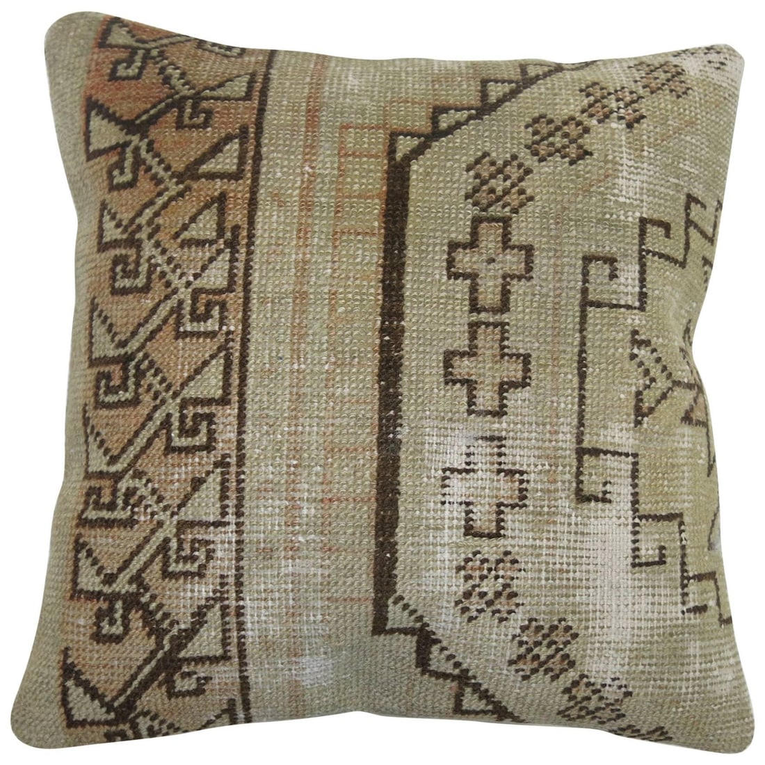 15 x 15 Oushak Turkish Rug Pillow: 15 x 15 Oushak Turkish Rug Pillow This small square pillow is crafted from a vintage Turkish Oushak rug, offering a unique shabby chic aesthetic. Made with a combination of cotton, foam, and wool, it 